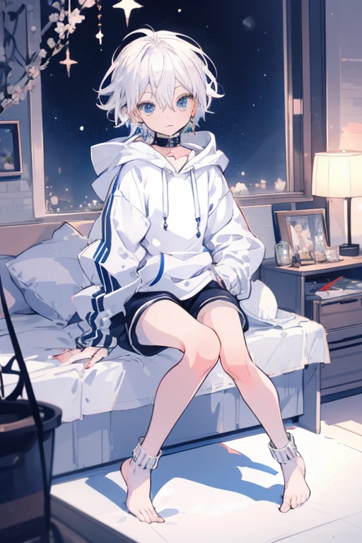 1.5, best quality, high quality, High definition, High quality texture, High quality shadow, high detail, beautiful detailed, finely detailed, extremely detailed cg, detailed texture 1man, boy, male, ((petite)), feminine, grinning, extremely baggy hoodie, femboy, platinum blonde hair, short hair, boyish haircut, sitting on bed