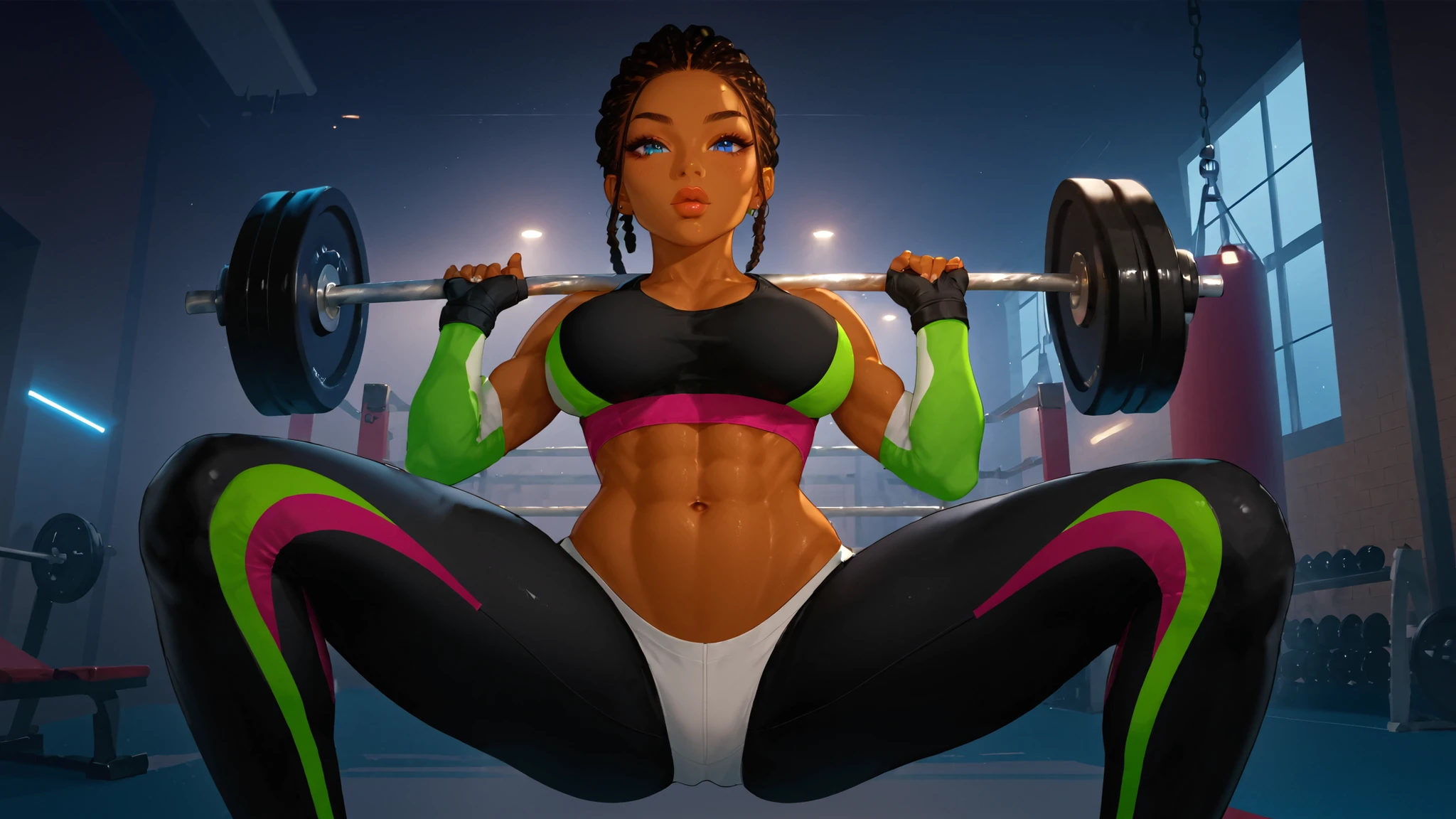 (solo:1.1),(masterpiece), (best quality:1.3), ultra detailed, intricate, professional art, digital art, absurdres, Kimberly, 1girl, solo, black hair, braided hair, long braids, two tone hair, slender body type, head proportionately sized to body, long legs, abs, full lips, beestung lips, African American, dark brown eyes, gold hoop earrings, smile, hair tie, brown skin, (dark skin:1.4), red underpants, Boxer Briefs, red short sleeved crop top, puffy sleeves, fingerless gloves, bandana scarf, medium breasts, wide hips, full lips, futanari, detailed thighs, genitalia outline on clothing, male genitalia, huge bulge, detailed male genitalia outline, erection under clothes, huge crotch bulge, detailed genitalia outline, BREAK, locker room, standing pose, BREAK frontal view, universal lighting, BREAK