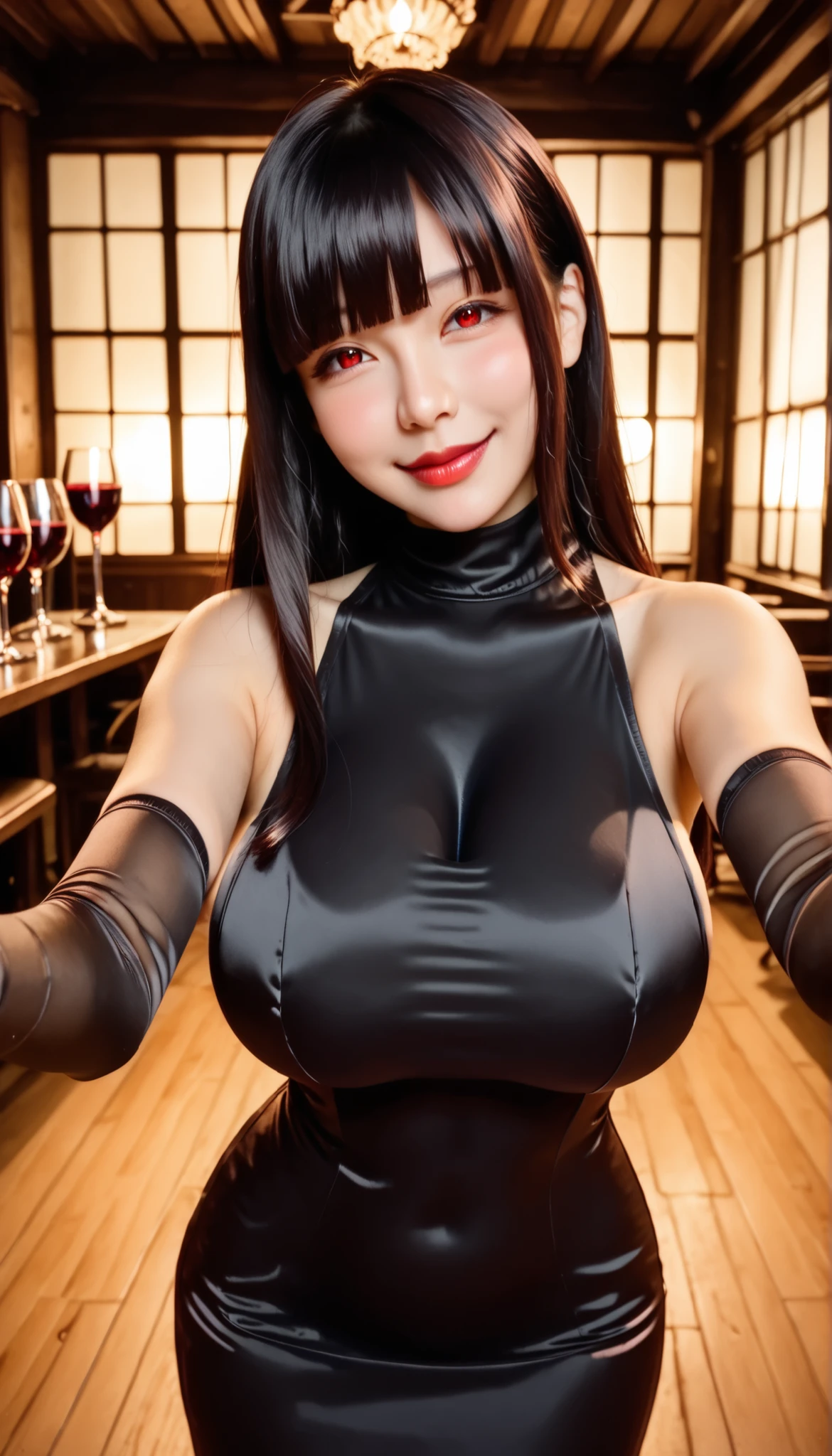 high resolution,32K,masterpiece,Highest Quality,ultra detailed face,(Dim Wine Cellar:1.4), A BEAUTIFUL JAPANESE WOMAN ,(Red eyes:1.2), (huge breast:1.4),(beautiful face:1.3),(small face:1.3),dark haired,(long hair,hime cut,asymmetrical bangs),(seductive smile:1.2),(naughty face:1.2),Red lipstick,(black high neck bodycon dress:1.4),sleeveless,(black mermaid long skirt:1.3),(black long opera glove:1.4),(front view:1.4),(POV:1.4),(head tilt:1.5),(glassy eyes:1.2),(open mouth),(standing:1.2),(reaching out:1.4)