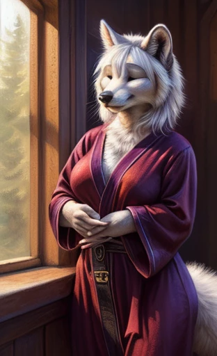 Skye from Paw Patrol series, as a white kitsune fox, mature adult, mommy, , big , kimono, long fluffy white hair with fringe, magenta iris, standing, inside a dojo, detailed, solo, beautiful, high quality, 4K