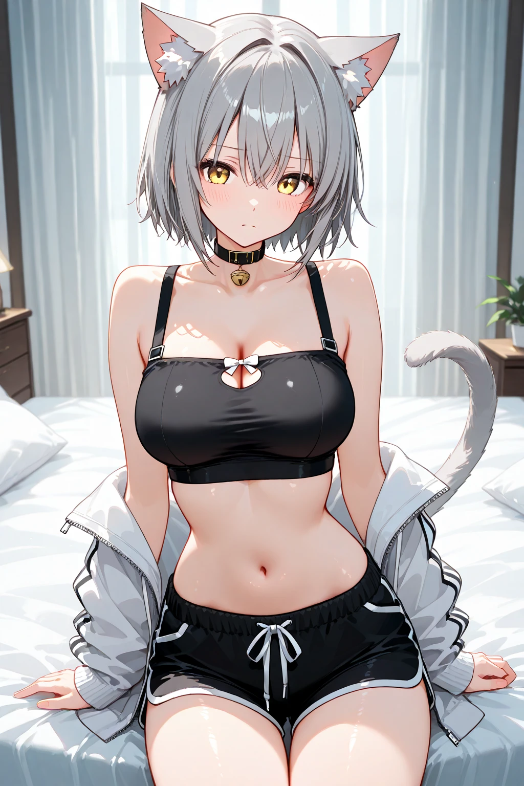 neferpitou, short hair, (red eyes:1.5), luxury lingerie, animal ears, white hair, shorts, cat ears, cat tail, curly hair, BREAK looking at viewer, BREAK outside, BREAK (masterpiece:1.2), best quality, high resolution, unity 8k wallpaper, (illustration:0.8), (beautiful detailed eyes:1.6), extremely detailed face, perfect lighting, extremely detailed CG, (perfect hands, perfect anatomy), sexy post