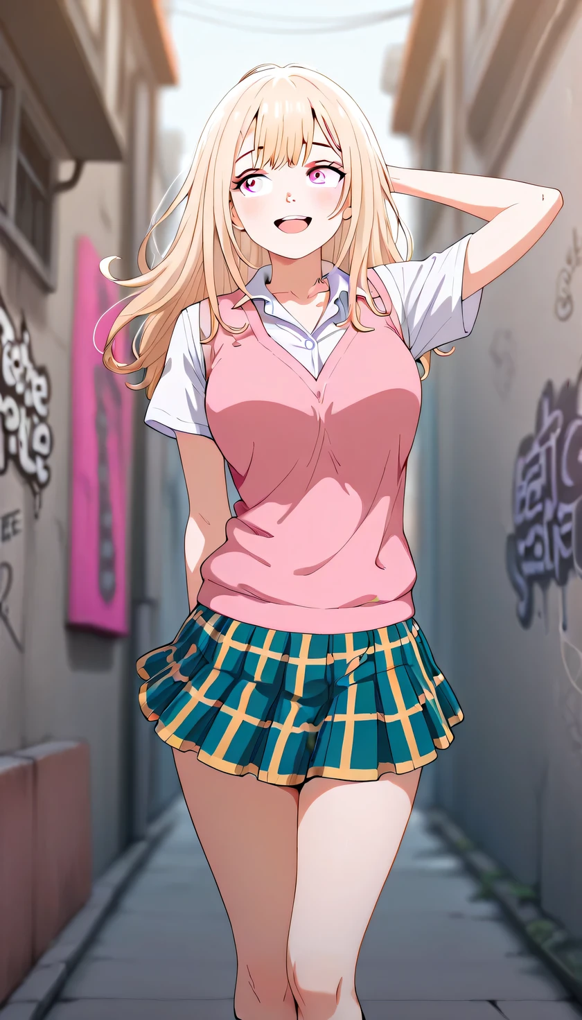 masterpiece, better quality, incredible quality,
1girl, Alone, blurred background, looking at the spectator, happy,
aqui Alone (Medakawa), long hair, blond hair, split bangs,   Pink Eyes,
school uniform, white collar shirt, pink vest, clavicle, mangas cortas, arm behind the head, legs together, graffiti alley 