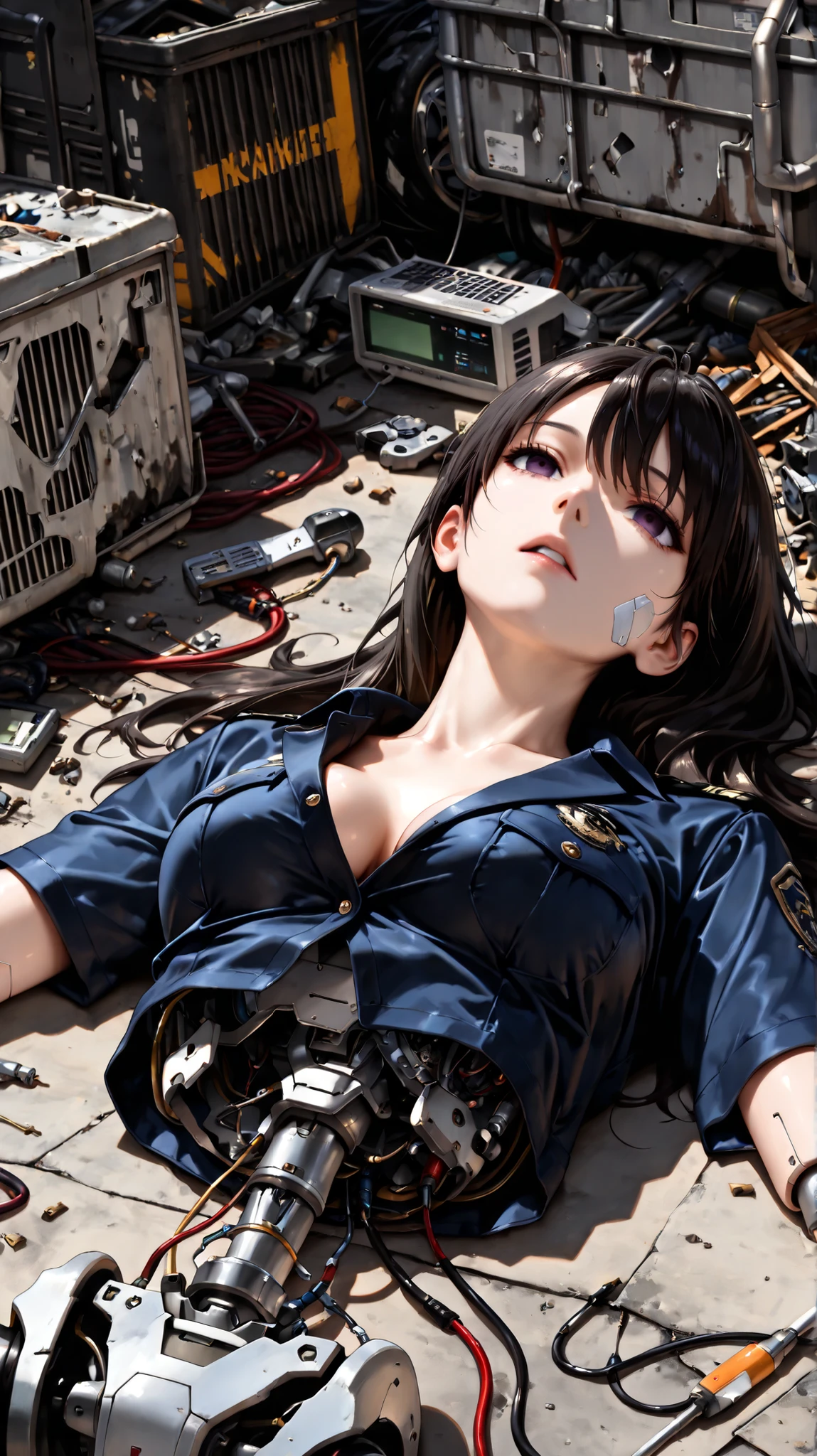 (((masterpiece))), (photo real, realism texture), (top Quality, High Quality:1.3), (top resolution, high resolution), ultra detailed, (high detailed), science fiction, beautiful robot girl, Silky smooth face, white cheek, empty eyes, realism glossy mouth, black long hair, (frame of perfect machine), (robot joint, wiring, (computer parts:1.2), machine parts:1.3), (woman is dressed in unbuttoned police uniform), robot torso, upper body, (junk yard:1.3), (broken robot lying in scrap of iron), (from below)