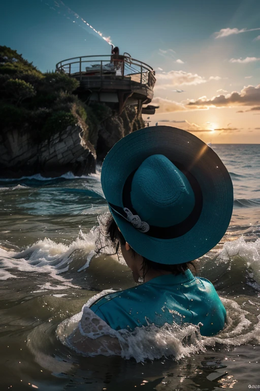 In blue hair standing in a beach on Russia sochi