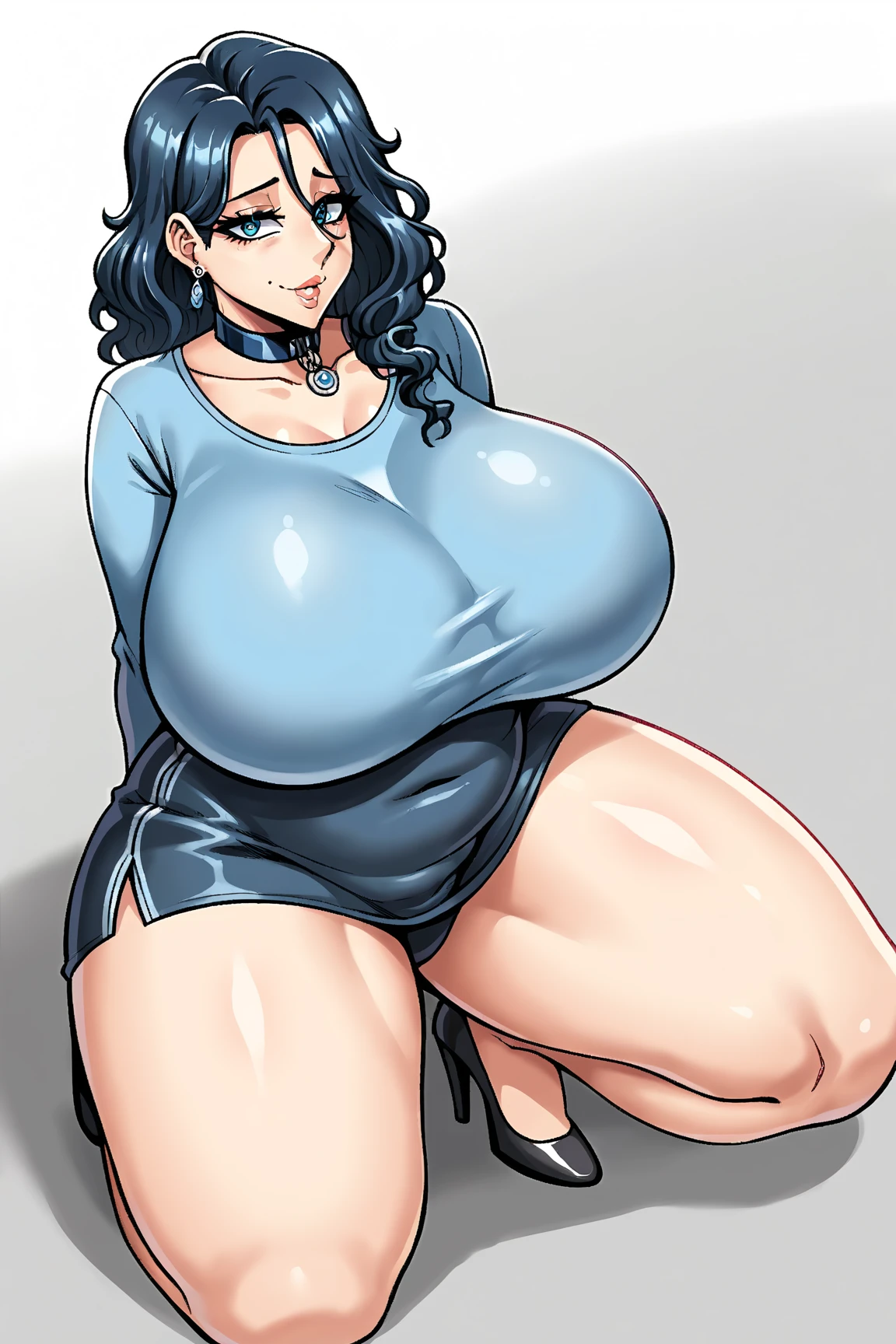 High resolution, Dragon Ball, Bulma, 1girl, ((bimbo))), short blue hair, blue eyes, puffy lips, thick lips, wide hips, thick thighs, enormous fake breast, huge ass, sexy flirty face, shiny skin, sexy legs, breasts squeezed together, white micro bikini, jungle, looking down, camel toe, perky nipples, full body,