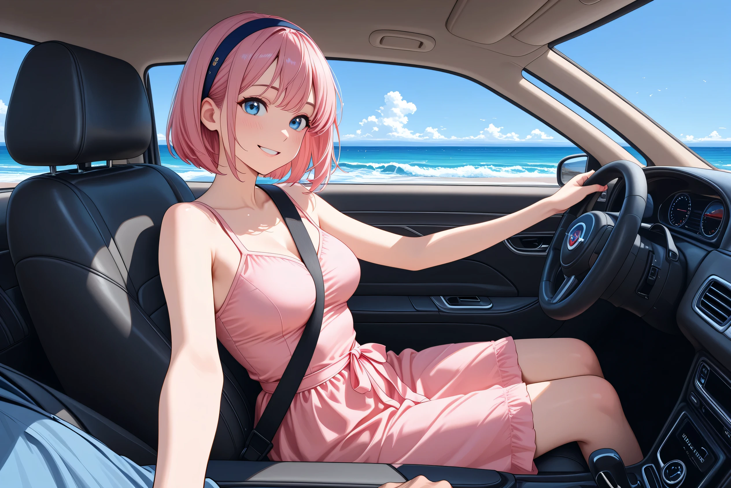 pov, 1girl in passenger seat, solo, pink hair, short bob hair, hairband, blue eyes, middle breasts, smile,
pink sundress, driving along a scenic coastal road, inside car, seat belt, ocean waves, sandy beach, clear blue sky,
BREAK
masterpiece, best quality, very aesthetic, absurdres, absolutely resolution, ultra detailed, 8K, super fine illustration, highly detailed beautiful face and eyes, perfect anatomy,