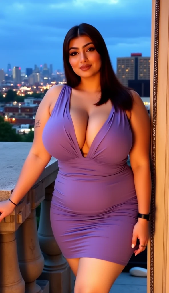 A beautiful young woman, curvy and busty figures, tan skin, wearing a low-cut, short V-neck tight dress, saggy large cleavage, large breasts, legs and thighs exposed, large natural breasts, intricate details, photorealistic, highly detailed, 8k, best quality, masterpiece