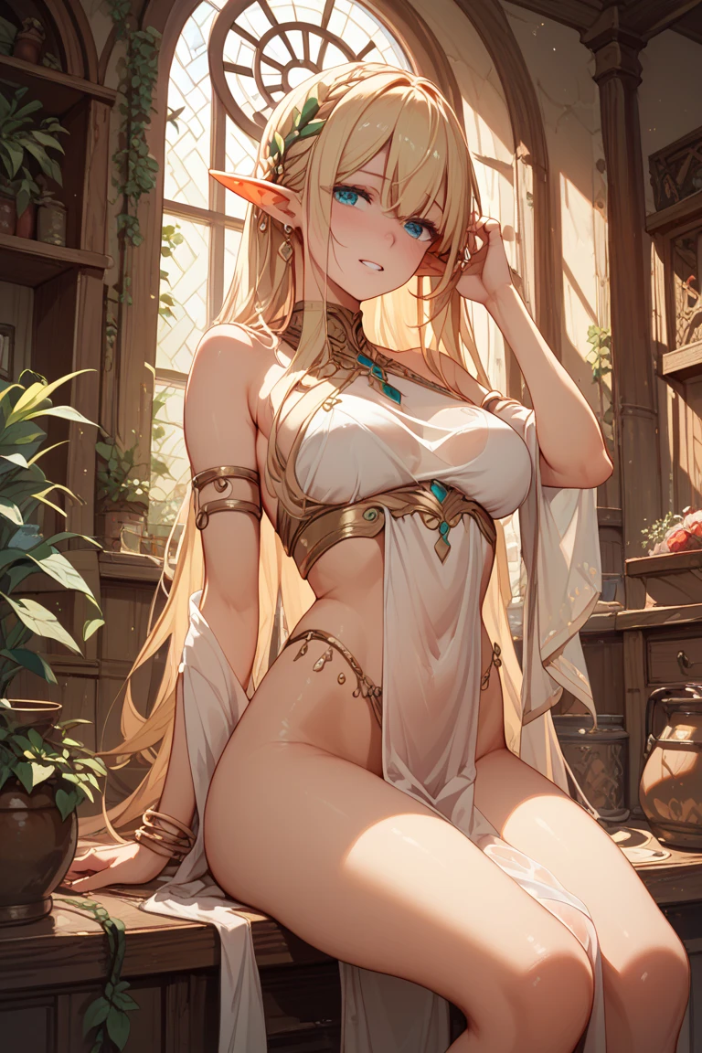 top-quality、Top image quality、​masterpiece、Full body naked goddess((24 year old、Best Bust、big bast、Bust 90,Beautiful blue eyes、,Blonde long hair、A slender、Sexy gestures、a closeup、Esbian、beautiful tiara、hiquality、Beautiful Art、Background with((starrysky)))masutepiece、visualart、depth of fields、low angle of morning sky、、Elven ears、、light magic、kosmos、mid night、、Happy smile、Gentle light、、Beautiful skins、beutiful breast、beautiful foot、welcome、、accurate fingers、Exact finger count、ticker beautiful body、sexypose、Mystical　　Flower Garden、seductiv、flower  field、roses、the woods、Marble pillars、Public bath of the palace、NSFW、Sexy body、gravure、Renaissance art、
