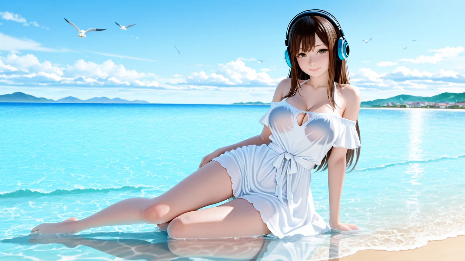 ((Top Quality)), ((Masterpiece)), ((Details)), perfect face, perfect body, sitting on the beach, listening to music, wearing headphones, wearing swimsuit, swimsuit transparent, tight with buttocks and breasts exposed Woman with clothes on and face visible