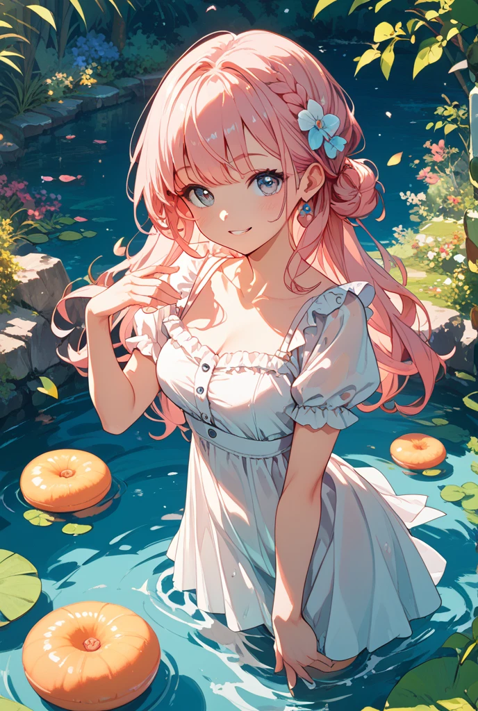 Water Lily is a pink-skinned girl with normal black button eyes and bright pink blushing cheeks. Her hair is teal in color with mostly straight bangs and few loose curls on her bangs and framing her head. She wears her hair up in a messy, curled bun with a pearl and star themed tiara-piece. She has soft blue polka dots all throughout her hair. She has an orange striped left arm.

Water Lily wears a hot pink top and a shimmering orange mermaid tail with pink stars and pink and reddish fade tail fin. At her waist is a semi-translucent orange and hot pink piece of material. SPARKLE; GLITTER