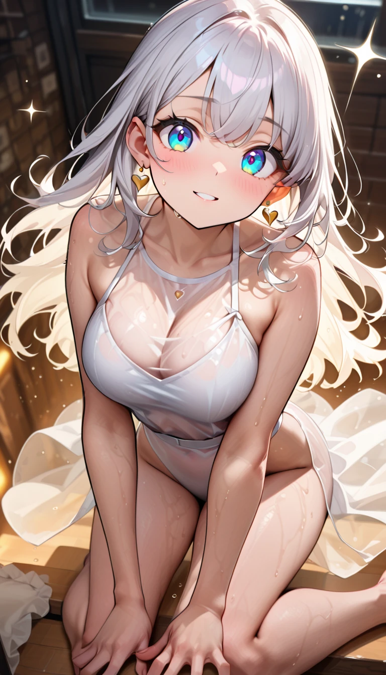 ((top quality, 8k, masterpiece: 1.3)), wolf (full body portrait, front, babydoll wearing, wet clothes, big breasts, cleavage), coconut, tropical drink, drinking pose, overhead camera, sharp focus: 1.2, cute wolf: 1.4, (((hairstyle random)), wet hair, very detailed face and skin and hair texture, detailed eyes, double eyelids, white skin, beautiful delicate nose, Cute young wolf, 28 years old, at a dynamic angle, is pleasing to the eye and suggestive composition, emphasizing the subject's hair, eyes, mouth and action, while exuding melancholy emotions characterized by a contrasting mix of muted tones and light and shadow,