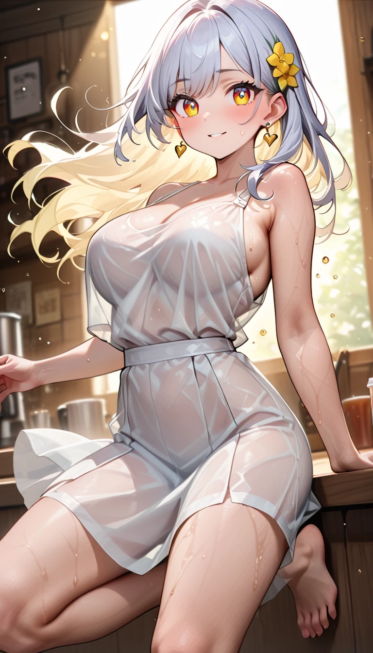 (Naked: 1.4), (See-Through Lingerie: 1.3), (Blushing:1.4),(No Bra, No Panty, completely naked), Smile, Cowboy Shot, ((A coffee Cup)), Full Body, Underwear