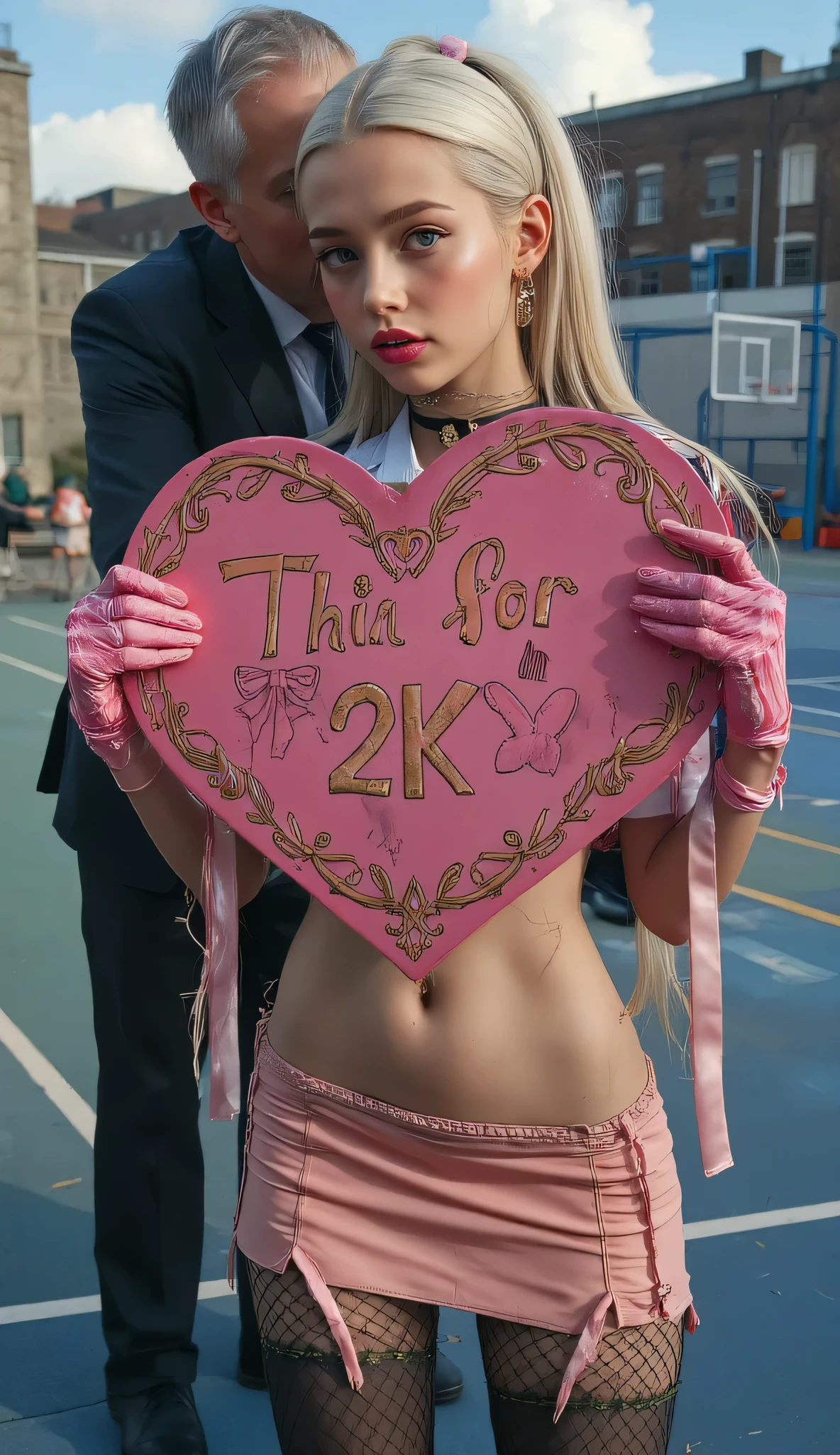 (photorealistic, 35mm panvision style ) a side view portrait of young cute stunningly beautiful girl, 17yo, (side view of full body), long bleached platina blonde hair, pale skin albino white, long straight shiny pigtails, (bright turqouse blue eyes), (standing face forward holding an big pink heart shaped sign with intriccate gold border and text in gold, "Thx for 2K"), in a sunny school yard on a basketball coart a man in his 30s in a suit and white shirt is standing behind here holding here skinny hips and smiling, (He is kissing the girl on here head from behind), he is muscular and much taller then here, beautiful sunlight hitting here pale wet skin, showing off slim skinny curves, extremly long skinny slim legs, (pink 15inch platform high heels), button down shirt tied in front, tone stomach showing, toned abs, ripped abs, showing abs, sweaty and wet glossy body , (skintight pink latex micro skirt:1,8), ((super tiny pink micro skirt showing low cut micro skirt:1.7)),ultra tight micro skirt, ((black long over the knee stockings with tied pink silk bands:1.6)), ((long pink fishnet gloves)), black choker with gold heart, lots of make-up, beautiful eye shadow, long thick eye lashes, pink glossy lips, pink rouge, low angle cowboy shot, dynamic anglel from the low side, awardwinning photo, stunning, high res, 8k ultra sharp,