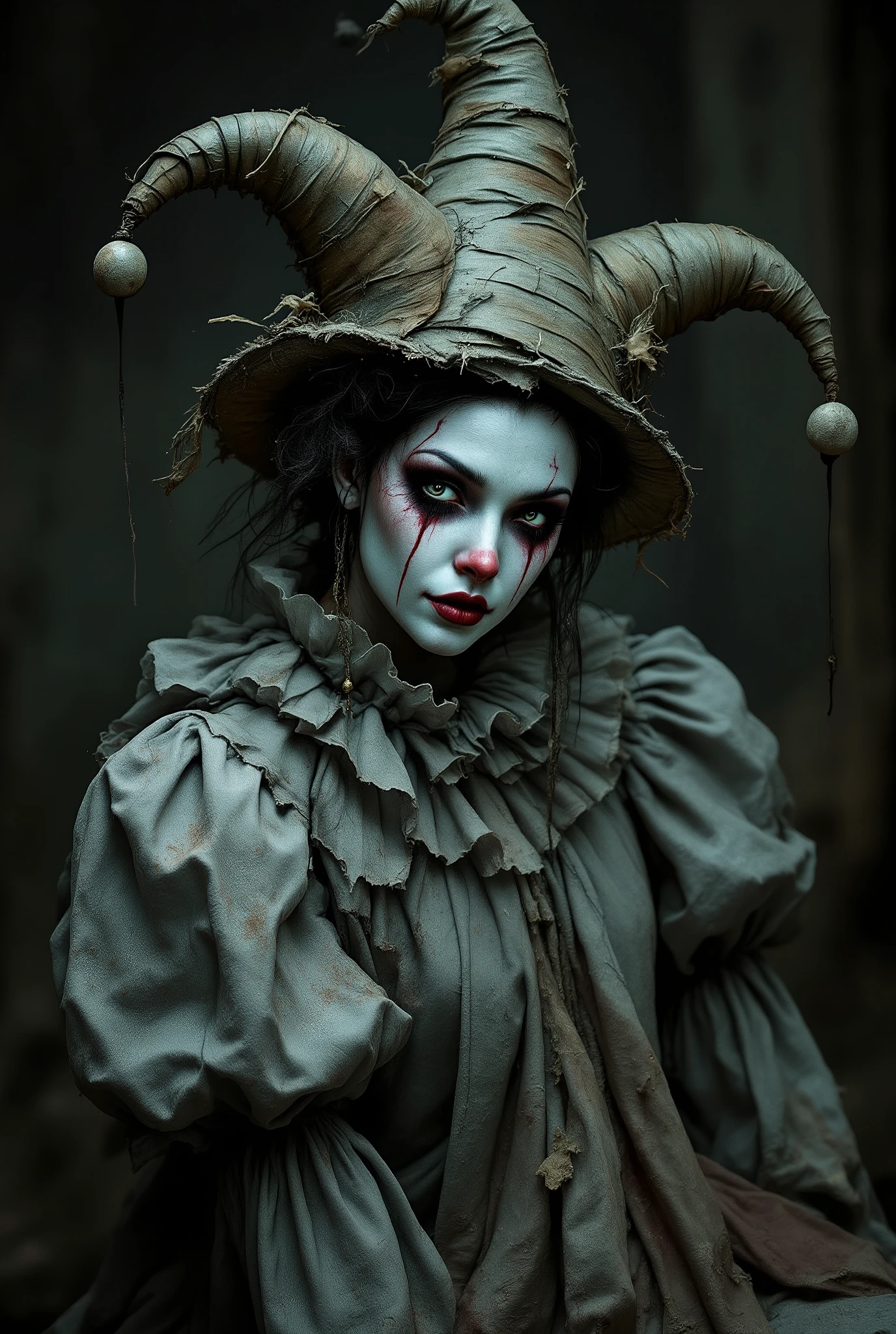 Fluxilisimo_drawio, Creepy drag queen costume concept, , inspired by the sin of laziness. Doll A figure in a torn jester hat, worn and worn fabric, dirty textures, creepy puppet silhouette, exaggerated sleeves, with a dilapidated carnival look. Face looks tired, makeup melted, like a sad broken toy. dark gothic atmosphere, Cinematic lighting, conceptual art style.