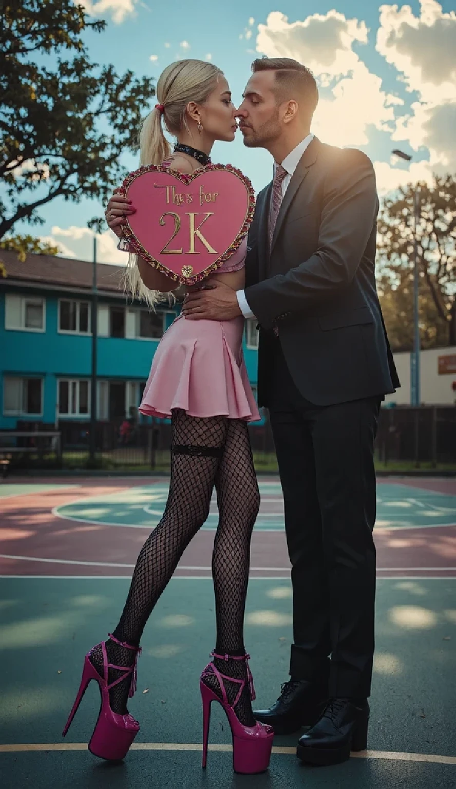 (photorealistic, 35mm panvision style ) a side view portrait of young cute stunningly beautiful girl, 19yo, (side view of full body), long bleached platina blonde hair, pale skin albino white, long straight shiny pigtails, (bright turqouse blue eyes), (standing face forward holding an big pink heart shaped sign with intriccate gold border and text in gold, "Thx for 2K"), in a sunny school yard on a basketball coart a man in his 30s in a suit and white shirt is standing behind here holding here skinny hips and smiling, (He is kissing the girl on here head from behind), he is muscular and much taller then here, beautiful sunlight hitting here pale wet skin, showing off slim skinny curves, extremly long skinny slim legs, (pink 15inch platform high heels), button down shirt tied in front, tone stomach showing, toned abs, ripped abs, showing abs, sweaty and wet glossy body , (skintight pink latex micro skirt:1,8), ((super tiny pink micro skirt showing low cut micro skirt:1.7)),ultra tight micro skirt, ((black long over the knee stockings with tied pink silk bands:1.6)), ((long pink fishnet gloves)), black choker with gold heart, lots of make-up, beautiful eye shadow, long thick eye lashes, pink glossy lips, pink rouge, low angle cowboy shot, dynamic anglel from the low side, awardwinning photo, stunning, high res, 8k ultra sharp,