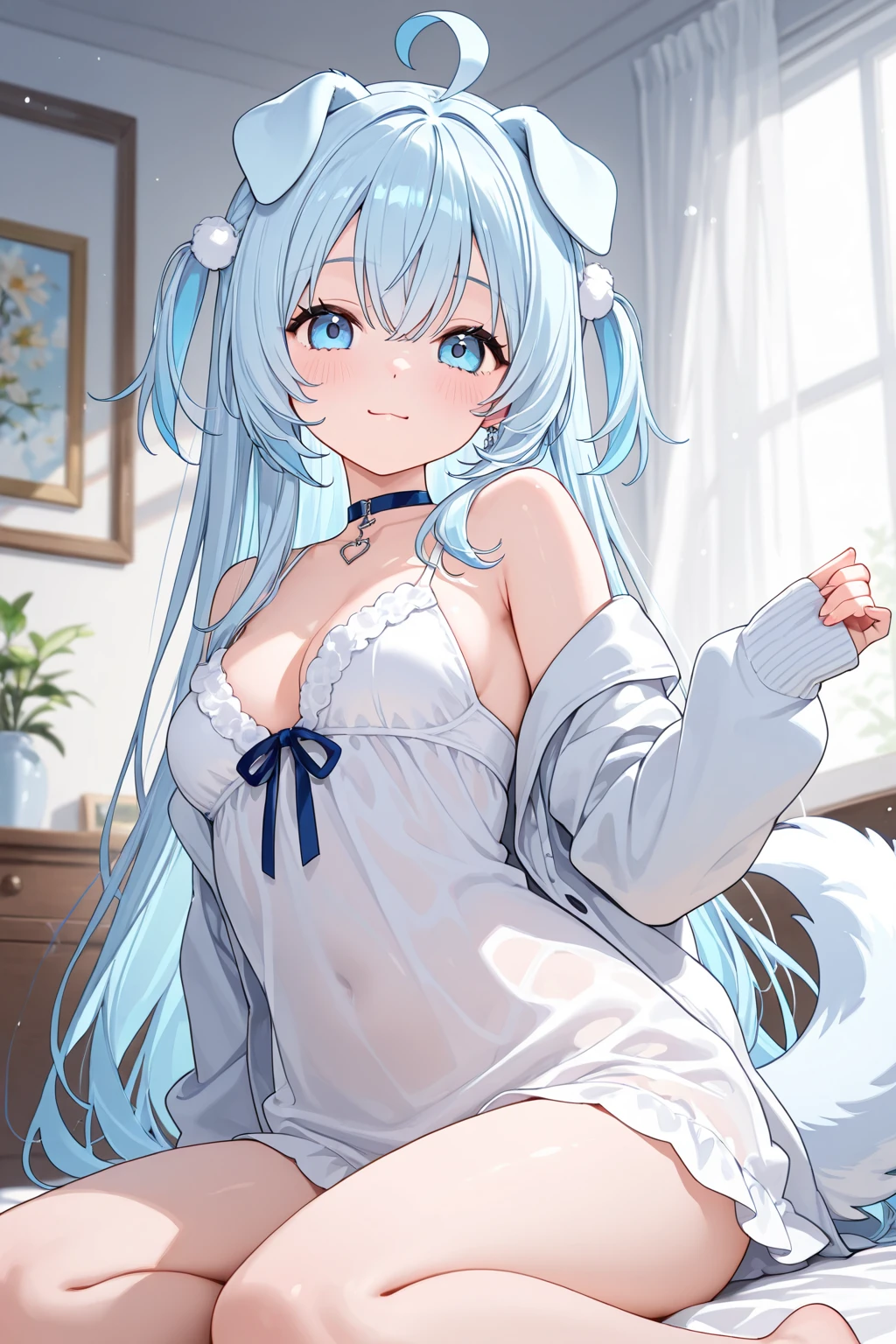 NSFW,masterpiece,Highest quality,High resolution,Super detailed,Snowstorm、Gray Hair、One-sided braid、Ahoge、Earrings、Fox Tail、fubuki_base、White blouse、Sleeveless、Black shorts、Blue neckerchief、Thigh straps、Single knee socks、White Hair、One side braided、Ahoge、Earrings、Fox's Tail,Embarrassed,Estrus,Lust,blush,Girl's Room,bed