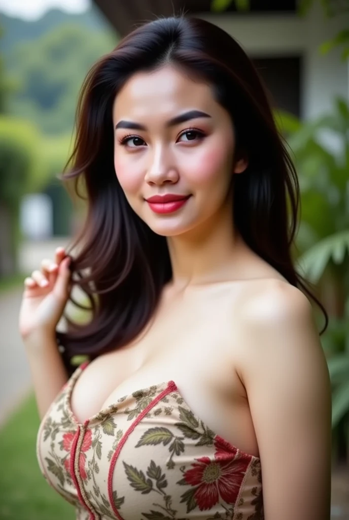 Malay girl wearing hijab, undersize pink satin bra (polkadot pattern), short yoga pant, portrait photography, ultra detail, professional photograph with professional lighting, smile, at the garden, outdoor background, curly hair, sexy seducing pose, curvy body, butt closed up angle