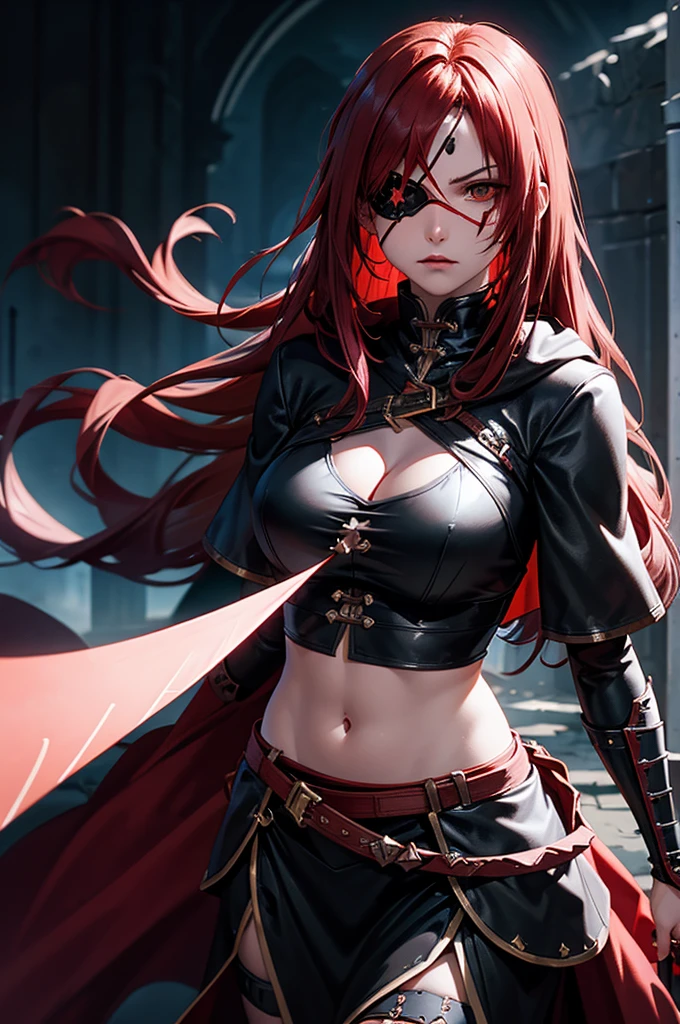 (masterpiece, best quality) an adult woman with very long red hair, short dress, red leather, black bows, long stockings, with a mask covering the eyes, (((red mask covering the eyes))), red mask, (red mask), covered eyes, bare legs, bodysuit, queen, lake, braids, good anatomy, correct proportions, strange mask, eye mask, black boots, torn clothes,  queen, yellow eyes, serious, mysterious appearance, blood, emotionless, red forest, straight bangs, very long red hair, evil, (yellow eyes), gothic, medium chest, blood weapons, blood spikes, chest to head show, cinematics, color oil painting, solo, cinematic lighting, extremely detailed face, finely detailed face, beautiful face, beautiful eyes, perfect lighting, depth of field,  realistic proportions, good anatomy, long coat