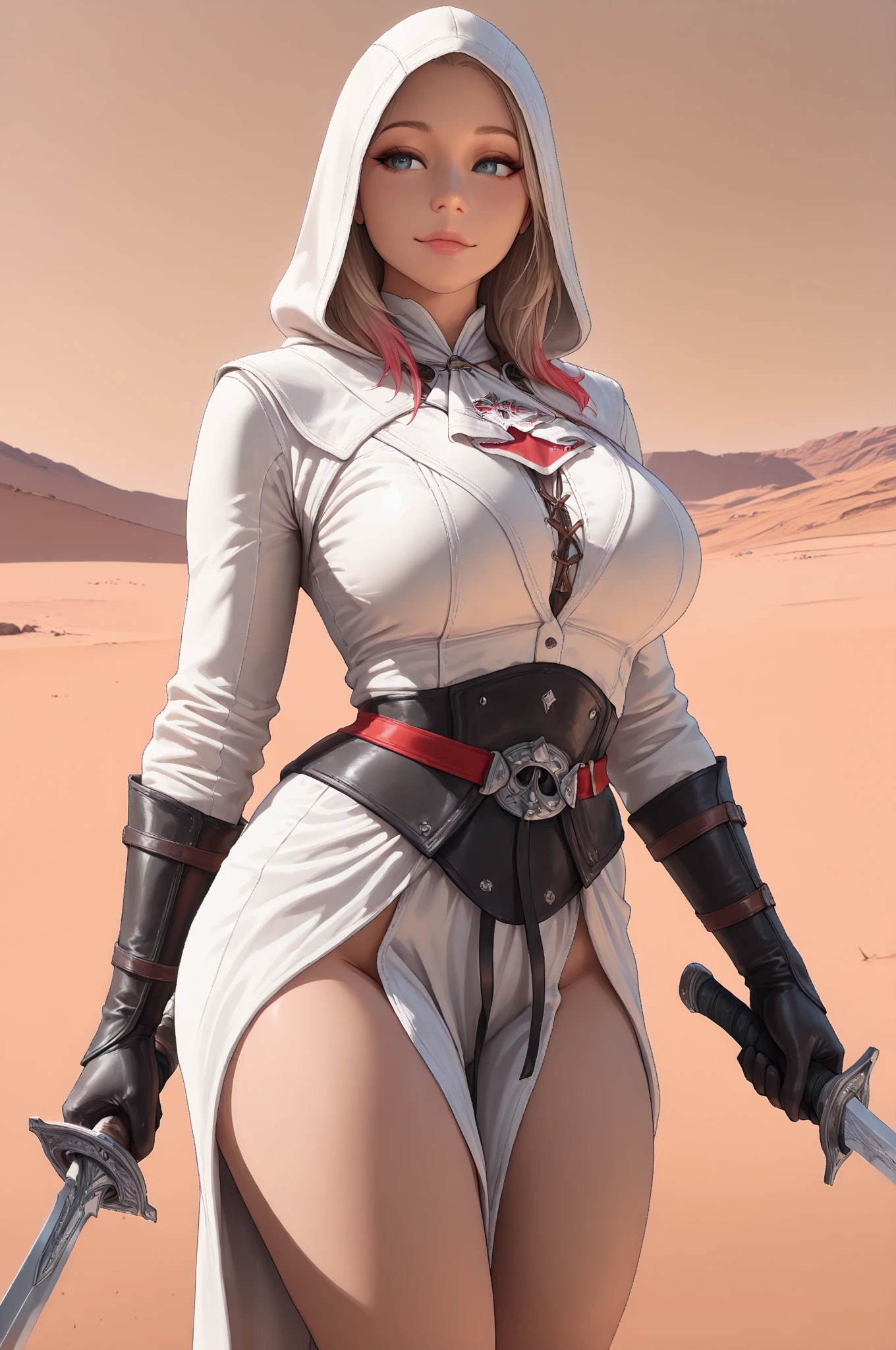 1girl, red_eyes, breasts, hood, bandages, solo, looking_at_viewer, bandaged_neck, cloak, white_hair, upper_body, red_cloak, bandaged_head, hooded_cloak, collarbone, medium_breasts, glowing_eyes, lips, glowing, parted_lips, blood, hood_up, open_clothes, long_hair