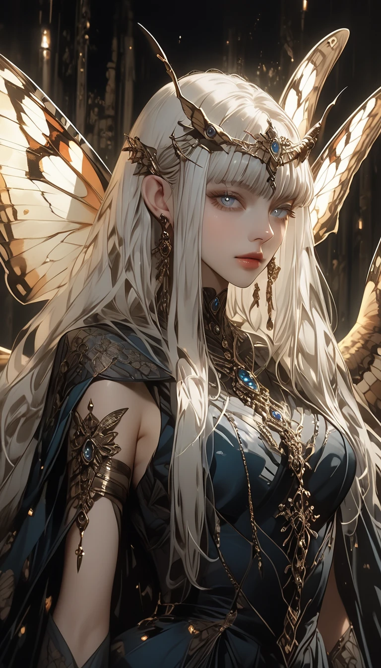 ((best quality)), ((masterpiece)), (detailed), detailed skin, Golden Eyes, Long black hair with thick waves, black silk dress, fluid dynamics, upper body nude, cowboy shot, full body image, big bust, pink nipples, brilliant golden halo, Her attire combines a rich palette of black and gold, Create a gorgeous and timeless look, Surround her with intricate fractal art patterns that come to life, adding a surreal and otherworldly dimension to her pLipsence, creative, tangled, get caught in, High_Lips, (fractal art:1.1), (black diamond), highest detailed, (zentangle:1.2), (dynamic pose), (abstract background:1.3), (earrings:1.4), (Shiny white skin).
