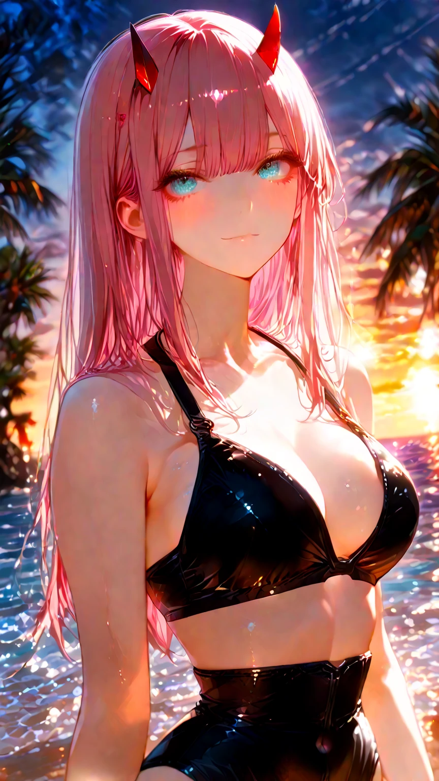 A beautiful woman in gyaru makeup wearing on the beachfront, surrounded by servants, beautiful portrait of a stunning goddess girl, beautiful detailed face, porcelain skin, full body shot, centered,(black hai,navel:1.2),((moonlight,night,big neons,strong neon lighting,rim lighting,two tone lighting))), sitting