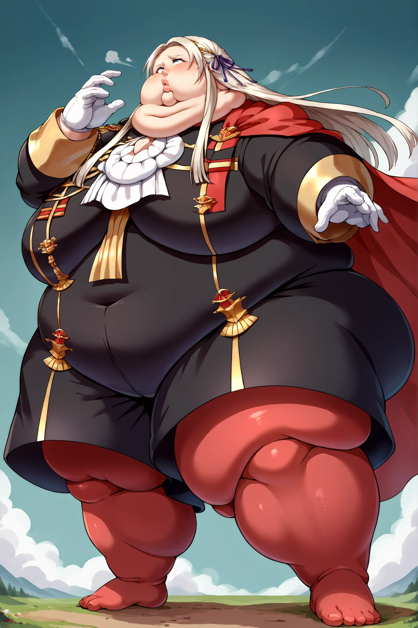 Fat_neck , Fat head , eyes with crushed cheeks , nose with crushed cheeks , mouth with crushed cheeks , chin roll , chubby, obesity, chubby, shortness of breath, Wide angle , Ultra-detailed illustration , masterpiece , top quality, fat, chubby, obese , score_9, score_8_up, score_7_up, score_6_up, source_anime, BREAK 1girl,  defEdel, hair ribbon, long hair, side cape, black jacket, white ascot, black shorts, white gloves, red pantyhose, bow, giant hands, giant feet, fat, chubby, obese, gigantic arms and legs, gigantic breasts, sagging breasts, full body shot, fat face, chubby face, double chins, big lips, 