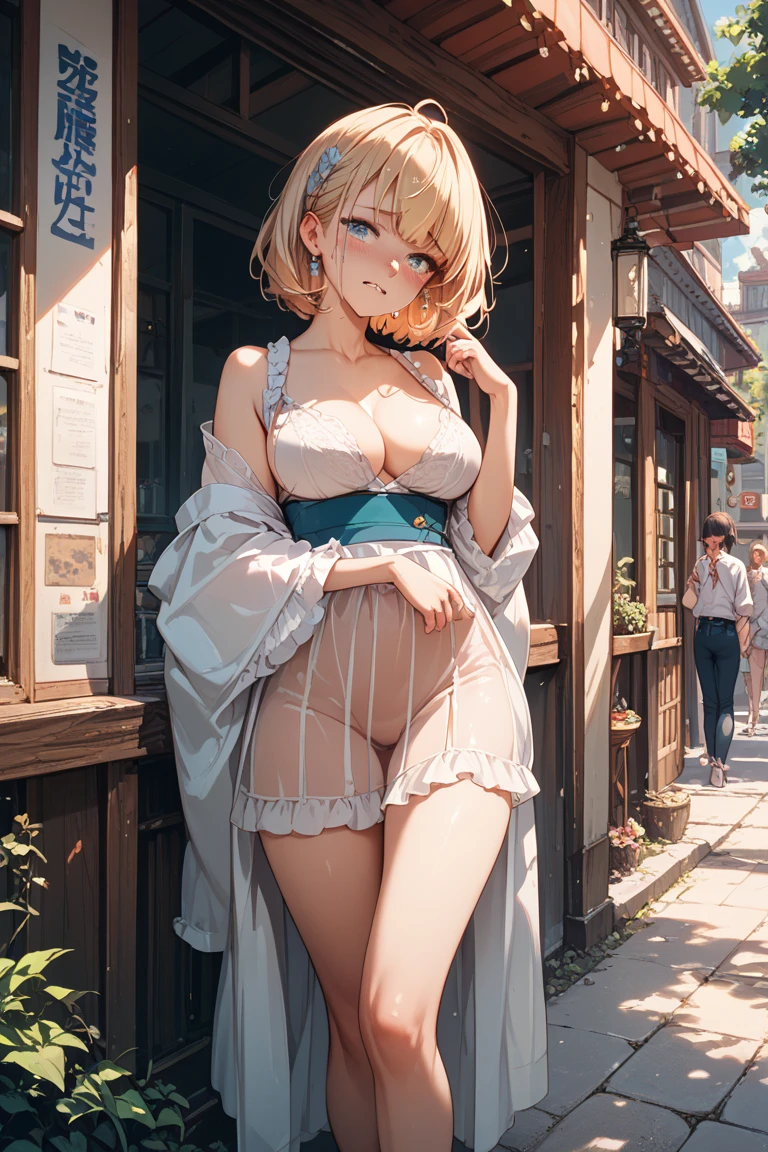 Large Breasts、Short Hair、Blonde、naked、White underwear、Sexy Underwear、Sexy pose、Blue Eyes、Beautiful Eyes、In town、Shopping Street