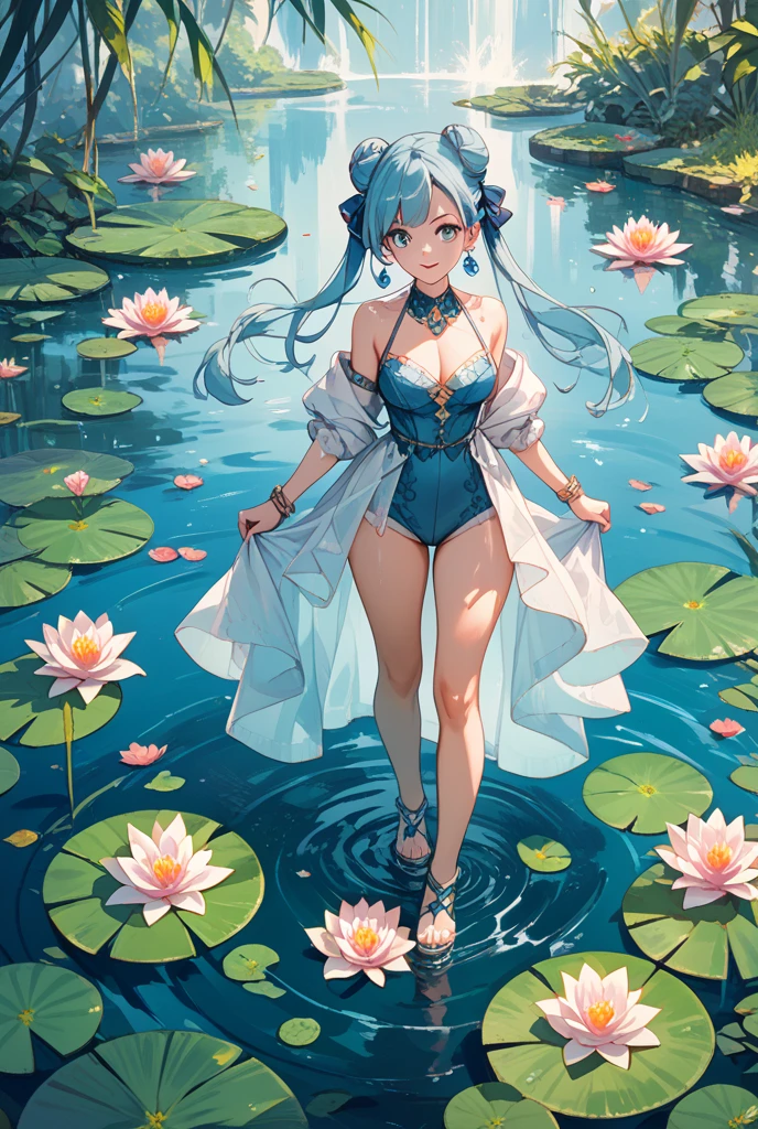 Absurd, High resolution, (Anime Style:1.1), ((Tabletop)), ((Highest quality)), (Very detailed), (beautiful), alone, beautiful face、9. Blue Reflection:A woman looking at a beautiful night view on the shore of a quiet blue pond,Her reflections are、Blending into the natural surroundings。The water surface ripples gently,Creates a sense of tranquility and clarity。12 years old、(Completely naked:1.1)、shooting star、Turn your back、(Cute bear ears)、