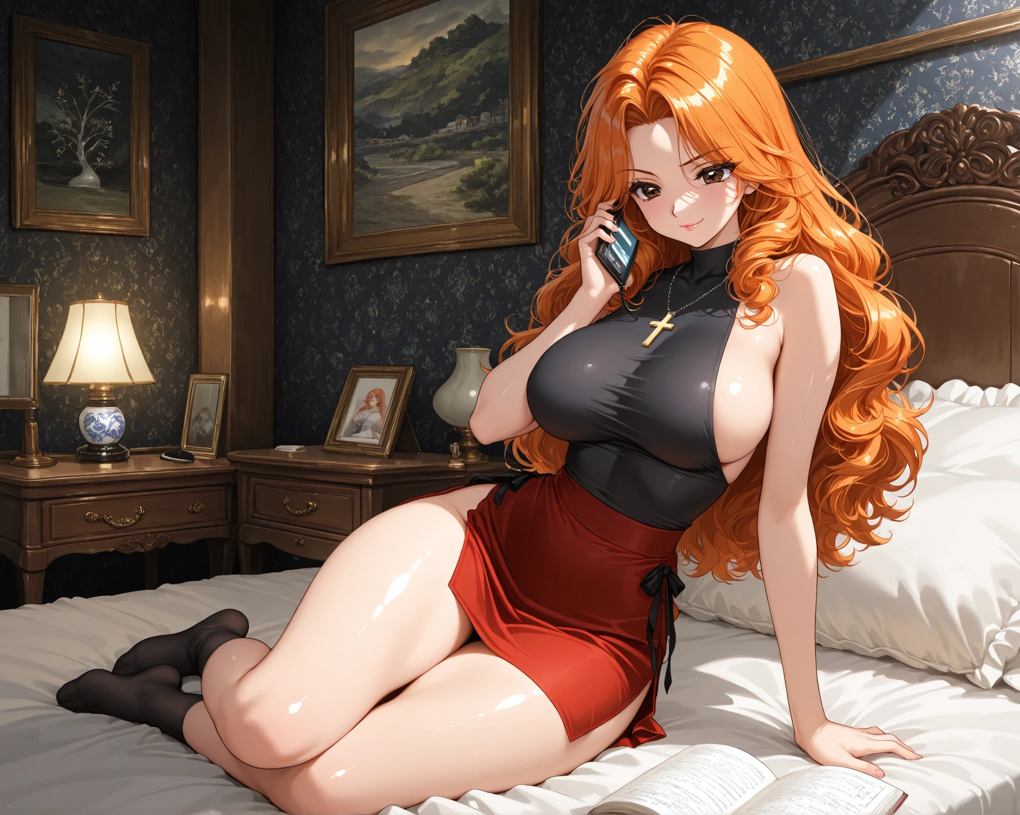 Chisato Arimiya \(jokei kazoku\) \(silkys style\) A beautiful A young woman sitting on a bed in a bedroom, talking on the phone while wearing a black sleeveless top and a short light red skirt. she has wavy mid-back length orange hair that has chest-length hair and is looking down with a serious expression. the room has a modern design with a beige headboard and a nightstand with a lamp. on the bedside table, there is a black telephone, a book, and a pen. the woman appears to be in her late teens or early twenties, with a slim body and large breasts. she is wearing black socks and has a necklace around her neck. 1girl, unrivaled beauty, solo, fullbody, Sense of luxury, sideboob, straight hair, collarbone, cross, cross necklace, pendant,forehead, curtained hair, curly hair, skindentation, eyebrows visible through hair, eyelashes, fit female, lips, wide hips, thick thighs, good-looking, whole body, frills, smirk, vivid eyes, brown eyes, come hither, porcelain skin, skin tight, shiny skin, taut clothes, side slit, thigh and calf lines, sole texture, clothing texture, beautiful face, beautiful girl, beautiful body, beautiful hair, Masterpiece, very aesthetic , perfect composition, intricate, ((Best quality :1.2)),((Detailed :1.5)),((Detailed background :1.5)). (HD eyes:1.4), ((4k,8k,Ultra HD)), {perfect body},1990s style, 2000s style,pastel style