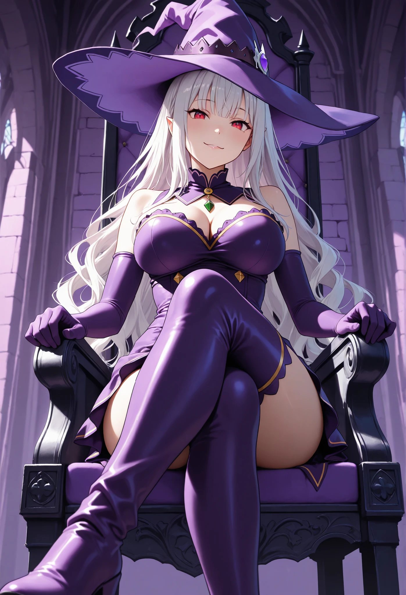 solo, alone, 1gril, masterpiece, ultra deteilled, emilia, long hair, loose hair, white hair, wavy hair, red eyes, big breast, whitch, black andpurple outfit, purple sexy short dress, purple witch hat, purple tight boots, purple elbow gloves, seductive, seductive smile, standing, in a purple castle, purple wall, witch castle, view from below, sitting on a purple throne, crossed legs