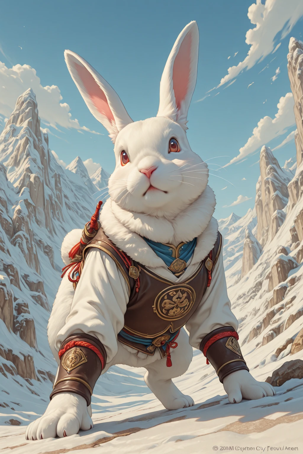 Anthropomorphic rabbit, male, solo, icy area, feudal Japan background ...