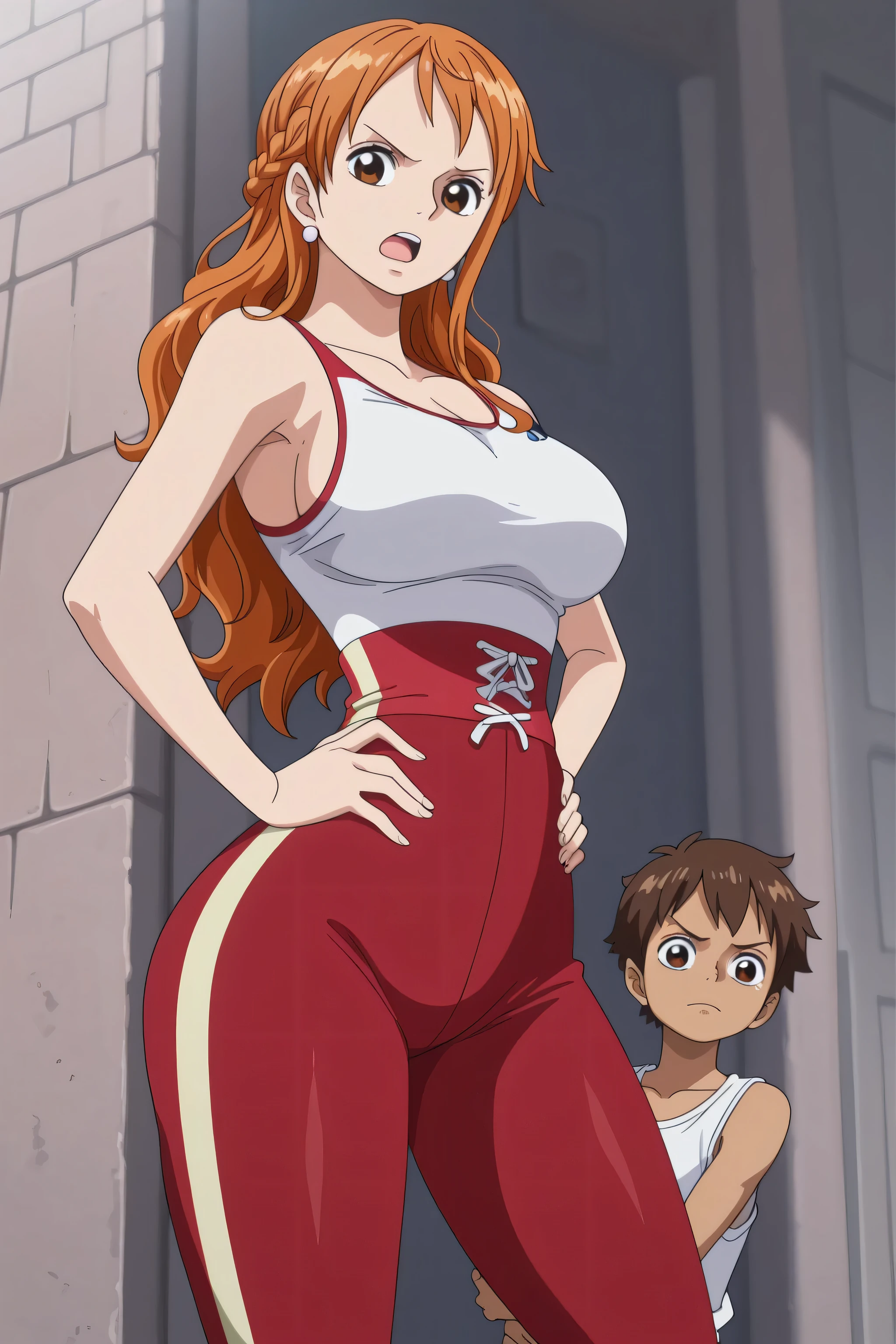 1girl,Nami,mature female,orange hair,brown eyes,earrings,large breasts, curvy thighs, anime coloring,
braid,long hair, white tanktop, red high-waisted black athletic leggings, tight leggings, hands on own hips, looking at viewer, light frown, open mouth, outdoors. 1boy,shota, brown skin, brown hair, hugging nami, hug, sports outfit.
Masterpiece,best quality,amazing quality.
