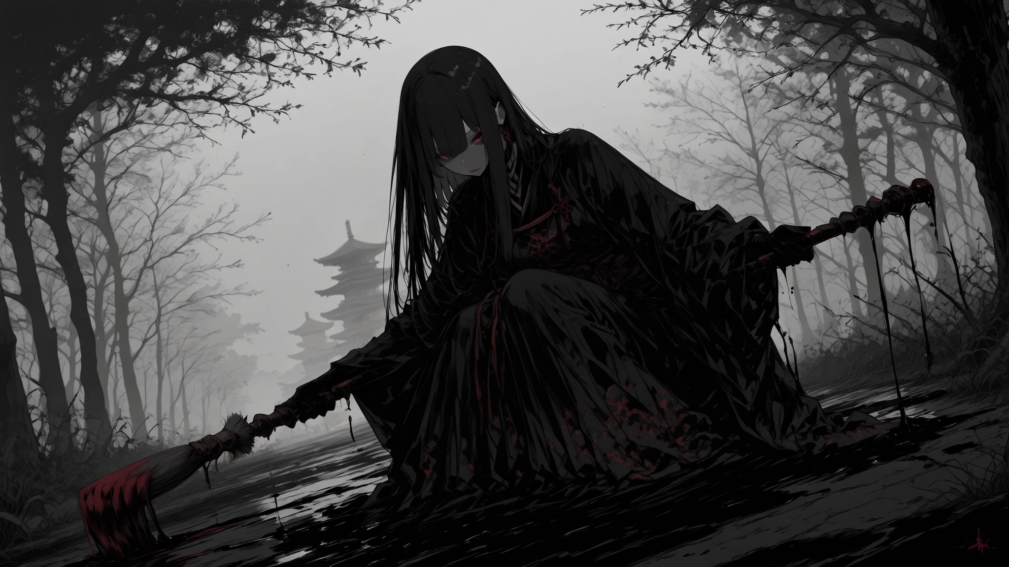 Masterpiece、Highest Quality、Ink painting、Japanese、Chinese、Suspicious Yokai no Natsu Matsuri、Overwhelming and bold brush strokes、monsters dancing Bon Dance around the Bon Dance Yagura、A different world with dark dead trees all around、Suspicious Fog Covers the Surrounding Area、Dynamic Angles、Blurred、Smear、Blurred、Old-fashioned and fantastic、An outpouring of vividness々shades of ink、detailed details、high contrast、highest resolution、Highest Quality、4K、8K