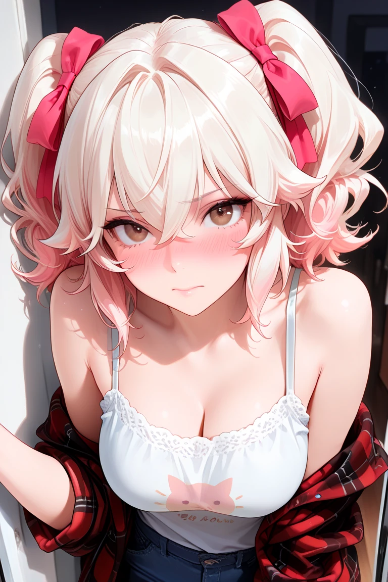 (8k, best quality, masterpiece:1.2),(best quality:1.0), (ultra highres:1.0), vivid colors, hair ribbon,lycoris recoil, lesbian, chisato nishikigi, extremely sexy expression on face , nsfw, making eye contact with viewer, full body masterbation mirror selfie shot, , chisato nishikigi presenting breasts, athletic body, illuminated pink background, chisatonishikigi stripping clothes off, slender body, (1subject), glowing red eyes, chisato has tears streaming down her face, full body, chisato chocking herself