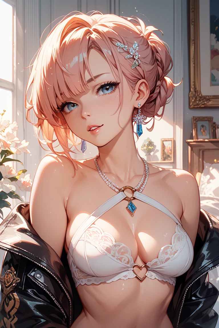 (Masterpiece, BestQuality:1.3), (ultra detailed:1.2), (hyperrealistic:1.3), (RAW photo:1.2), High detail RAW color photo, professional photograph, (Photorealistic:1.4), (realistic:1.4), professional lighting, perfect anatomy, (Big Breasts:1.2), (blush, detailed face), (cheerful Smile:1.5), (Pink Hair:1.5), Trending Hair&Trending Hairカラーをランダムに, earrings, necklace, bracelet, sexly, erotic sexly, Random sexy gravure poses, (Beautiful woman in a red evening dress、Ruby Earrings、The background is a marble hall、pose gracefully。: 1.3)