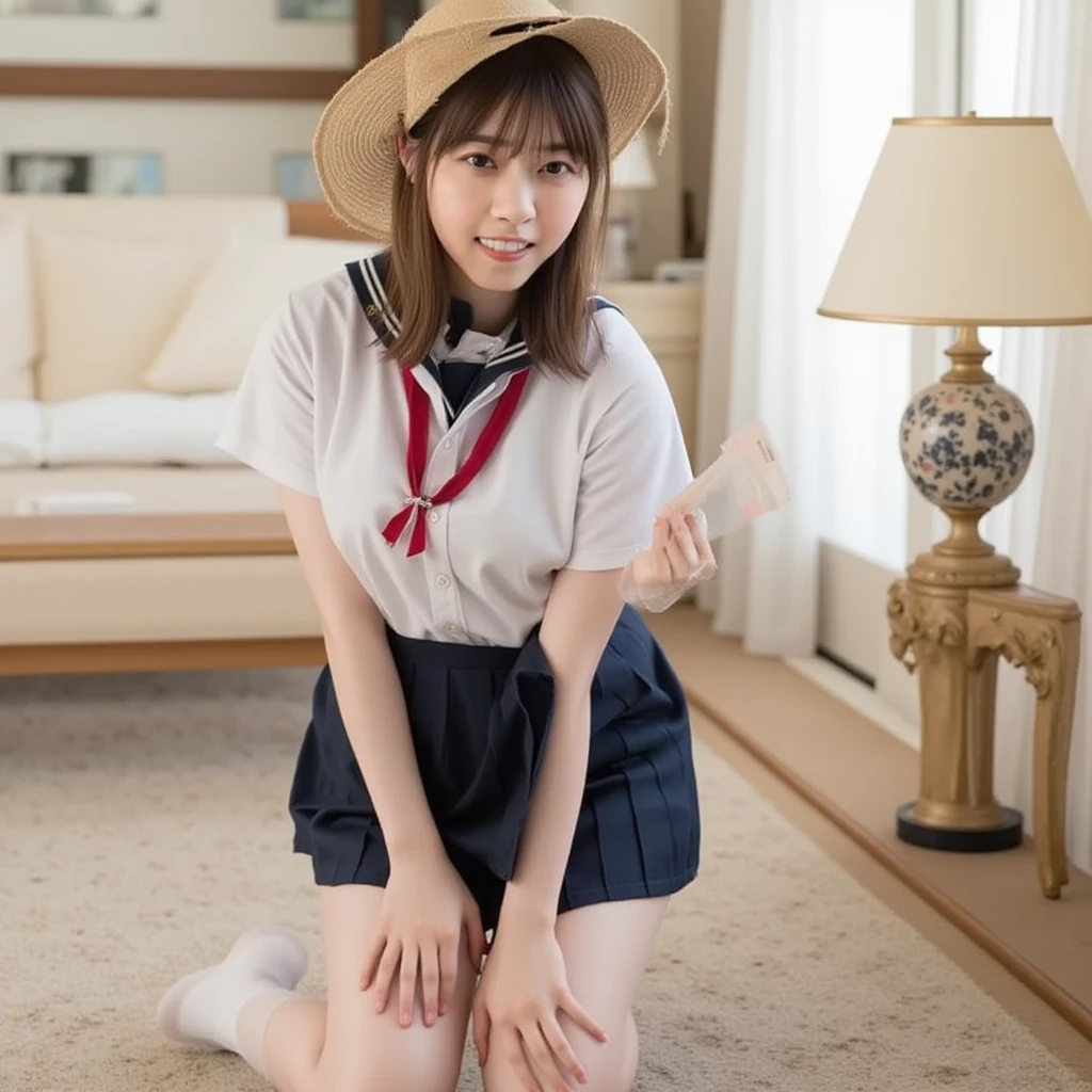 ((highest quality、8k、masterpiece:1.3)),((((fullbody shot)))),Ultra-high resolution,big eyes,Japanese,bangs,(a girl),(1 girl),((20 years old)),((facing at viewer)),(long hair),(((black sailor uniform))),grin,((sitting on chair)),(pleated mini skirt),(((pussy))),((pubic hair)),(((open legs))),((skirt lift))
