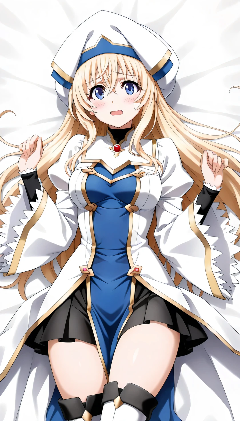 {{{masterpiece}}}, (best quality:1.5), (ultra-detailed:1.5), {illustration}, {{an extremely delicate and beautiful}}, (beautiful detailed eyes:1.2), absurdres, highres, extremely detailed face, 16k, hd, visual anime de uma jovem mulher, extremamente bonito rosto de anime, anime melhor garota, {perfect hands, perfect anatomy}, anime face, priestess(Goblin Slayer!), 1girl, solo, cute face, blonde hair, long hair, straight hair, half up, hair between eyes, sidelocks, flushed cheeks, blue eyes, (black highlight eyes:1.1), medium breasts, big hips, curvaceous, BREAK, white headwear, white dress, frilled sleeves, frills, long sleeves, white sleeves, puffy sleeves, wide sleeves, (long pelvic curtain:1.2), blue pelvic curtain, white robe, black mini skirt, ruffle skirt, thighhighs, white thigh boots, high heels, thighs, zettai ryouiki, BREAK, lying, on back, smiling, open mouth, embarrassed, flushed cheeks, looking at viewer, on the bed, dakimakura