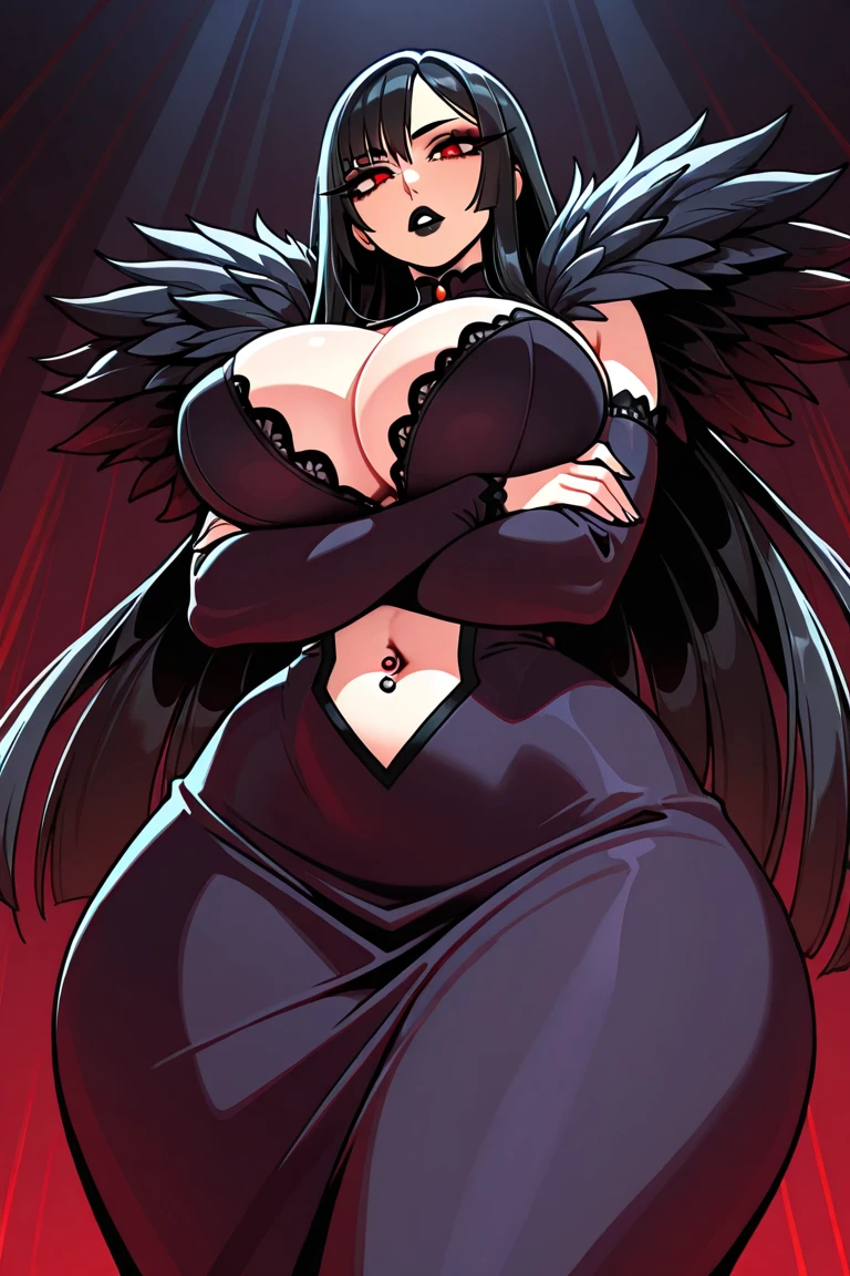 Highschool dxd, Raynare, 1girl, ((bimbo))), long black hair, purple eyes, puffy lips, painted lips, thick lips, wide hips, thick thighs, enormous fake breast, huge ass, kiss face, black fallen angel outfit, veins on breasts, veiny breasts , shiny skin, breasts squeezed together, enormous huge fake breasts,