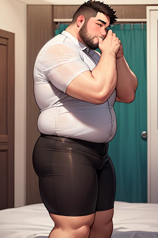 40 years old Male, tall, giant body, handsome, dad bod, beefy, strong arms and  shoulders, a bit chubby muscle gut, a bit of fat but still very muscular, extremely hairy, short beard, wearing a black bathrobe with long sleeves, wearing a black boxer brief, unrealistic oversized big bulge, barefoot, smirking, modern minimalist living room