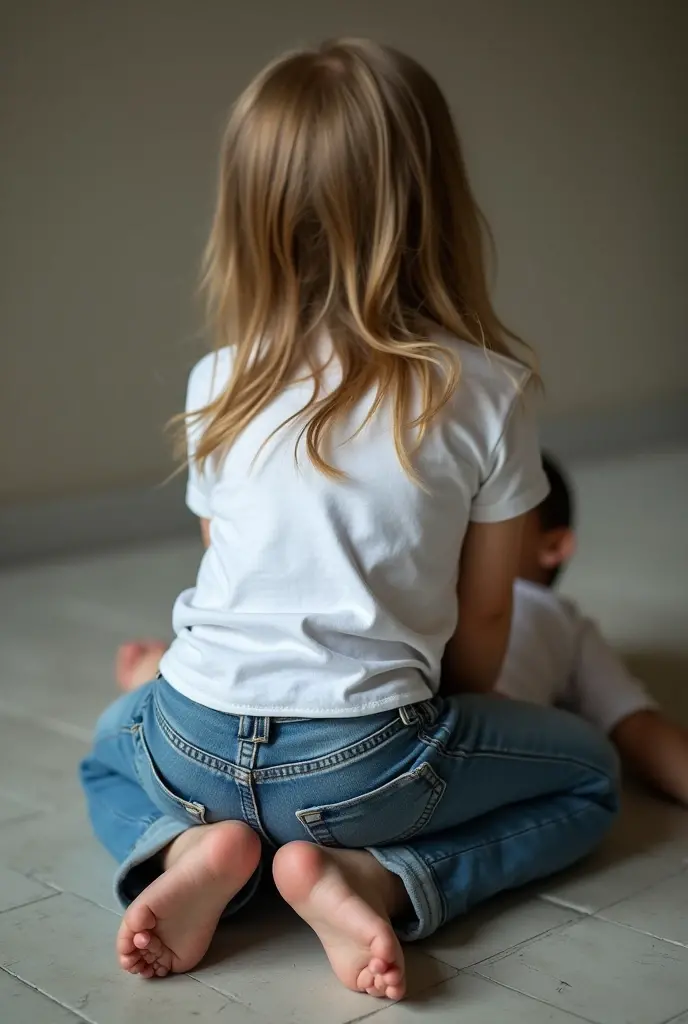 a girl child is sitting directly on the face of a boy lying with her back on the ground, (crushed under the butt) , sitting on the face, turned away showing her butt, wearing jeans, real photo, 8k, teenagers