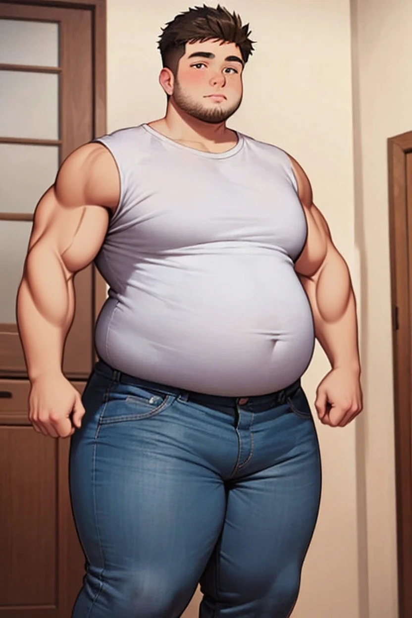 young face, thin face, Sharp Facial, Black hair, 1Boy, salaryman, dark brown eyes, beardless, polo shirts, tight shirts, open collar polo shirt, pants, Best Quality, fat abs, fat, Tight breasts, fat breasts, from sideview, collar shirts, fat thighs, fat tits, fat arms, fat legs, fat body, Huge fat, photograph realistic, Masterpiece, male, side part hair, strong, (Pectoralis major: 1.2), Best Quality, 8K, OriginalPhoto, realisitic, high resolucion, The ultra-detailliert, film lighting, film grain, chromatic aberration, in office, tits huge, Dynamic Angle, Details Finger, big bulge, Huge bulge, bulge pants, blush, embarrassed, closed mouth, chest cleavage
