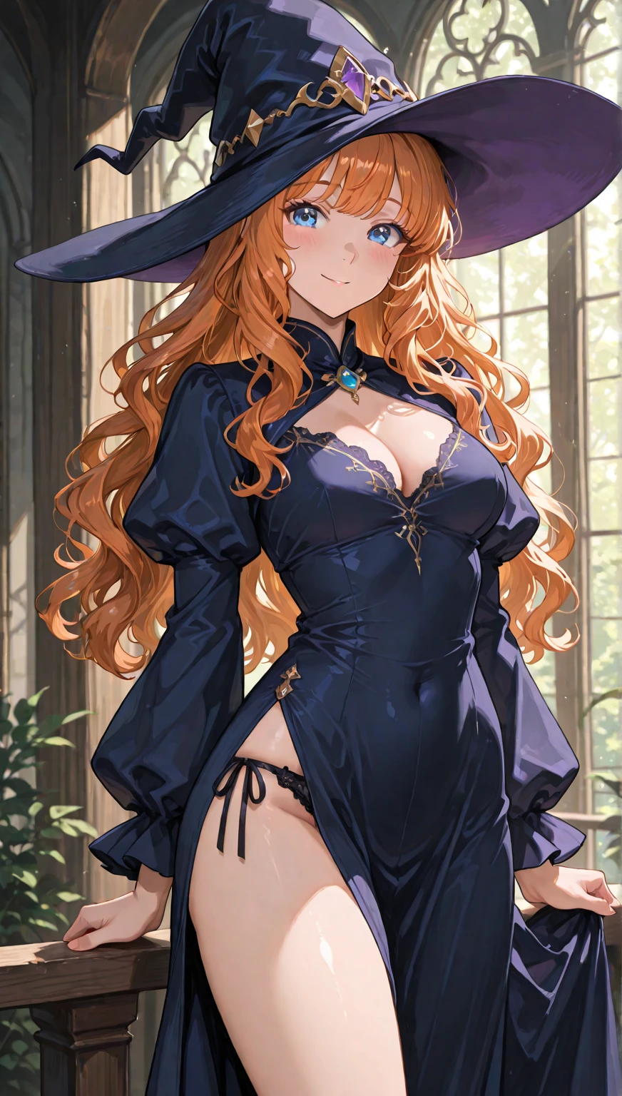 Draw Cassye Sandler, an anime-style female character with lung-length orange hair, thin orange eyebrows, and blue eyes. small breasts, thin waist, big perky ass, thick thighs. wearing a sexy casual outfit. is wearing a sexy little witch costume for sex halloween. doing sexy positions showing her ass to the viewer. bottom-up perspective. motel room with lots of men around. as sexy as possible without going over the limit of sensuality.