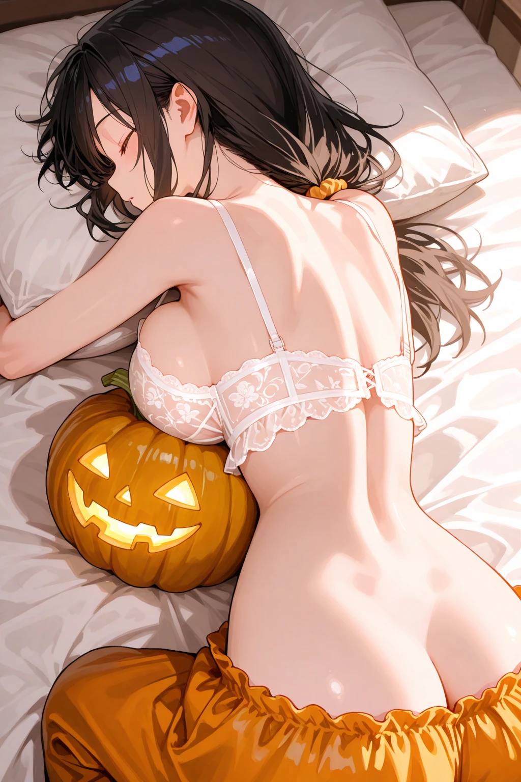 Highest quality、Complete limbs、Full Finger、One beautiful woman、Beautiful big breasts、Brown haired woman、Straight Hair、Halloween 、(((Black and orange bra、Black and orange bloomers)))、Halloween Cosplay、Naughty pose、Mischievous face、((Woman lying in bed with her head on a fluffy pillow、Place the right side of the body on the bed))、Woman with legs open、Naughty poseをとる女性