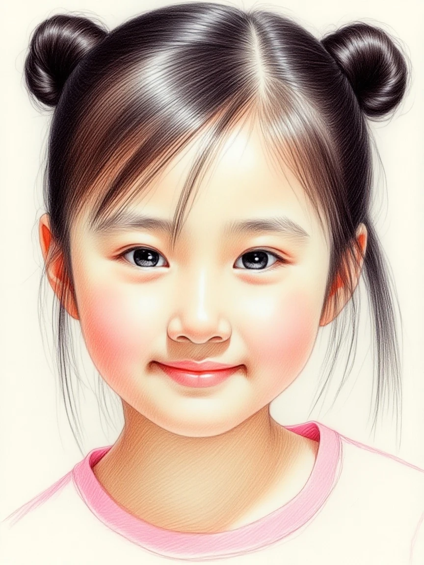 Hand-drawn watercolor illustration, One Girl,north korea、north korea、north koreaの民族衣装、((chima jeogori))、Black hair（ponytail、forehead）5 years old, smile,cute, cute, Simple, Pencil line drawing