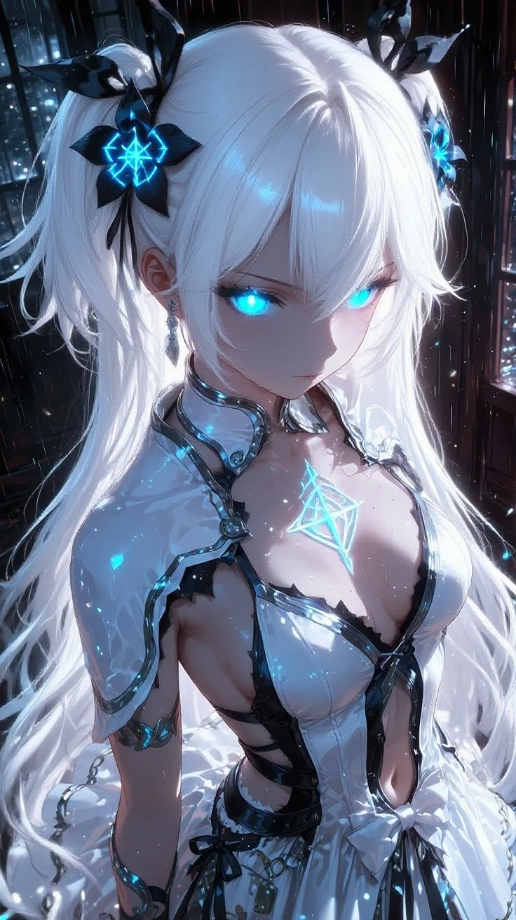 (quality)), ((masterpiece)), Recommended results、Puffy nipples、(see through:1.5)、straighten your back、abdominal muscles、huge bust、angle to floor:1.2、low camera angle、Hair loss on crotch，Hatsune Miku，super detailed)), (Very detailed的CG插画), ((extremely delicate and beautiful)),(1 white transparent mechanical girl)),alone,whole body,(Machine made joints:1.2),((mechanical limbs)),(Flashing blood vessel points connected to tubes),(Mechanical vertebrae attached to the back，with flowing glitter.),((Flowing rainbow fixed around neck)),perfect round face,(wires and cables attaching to neck:1.2),(Rainbow wires and cables on the head:1.2)(Character focus),,Very detailed,rich and colorful,most detailed，white ceramic skin，long blonde hair，maidennurse，demon，，vampire