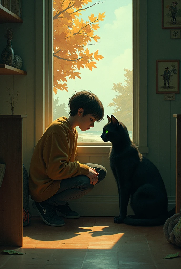 A boy and a black cat is looking at each other beside a opened glass window . The cat has sit on the window. The boy is standing outside of the house and has kept his hand on the lower part of the window and his wrist under his muzzle. In the background there is nature. In the left side of the background there are flowers. The picture has been taken from the inside of the house.But the boy is standing at the ground outside of the house . His lower part of the body is covered by the wall below the window.