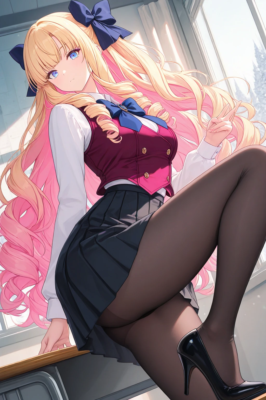 (Tabletop, Highest quality, Very detailed), One Girl, Purple eyes, Blonde, Dark Skin, Long Hair、((School Uniform))、((pantyhose))、(in the train)、(pread your legs、Black panties
