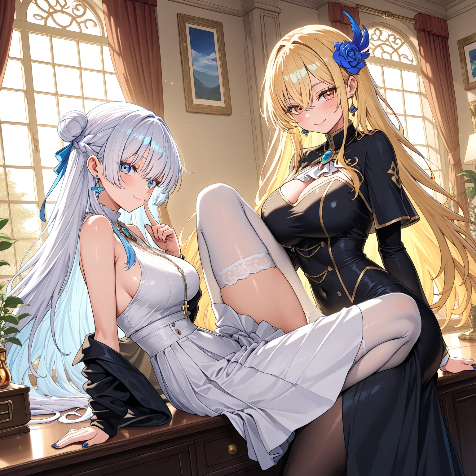((2 girls)), ray tracing, (dim light), [real] ((detailed background (bedroom))), ((silver hair)), ((girl with long disheveled silver hair, big boobs but a slender tall ponytail))) is in an ominous bedroom and looks away from the blonde ((and the girls are in intricately embroidered black high-slit cheongsam with pantyhose and white fur trimmelbows They are wearing gloves)), and the girls sitting are in very close contact with each other and showing off their subtlety. A supple figure, supple curves, and correct hands and feet