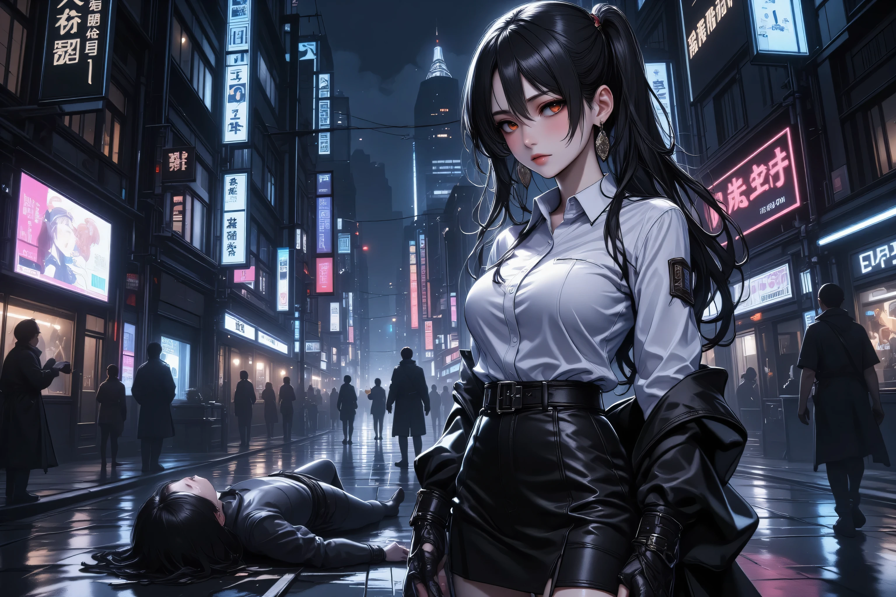 w1n,hyp3rd3tail style,DonMC0m1cM4g1cFX magic, a female detective in a cyber punk city, wearing white button shirt, leather skirt, high heels, holding a magnifying glass, stands in a dark street, near a corpse