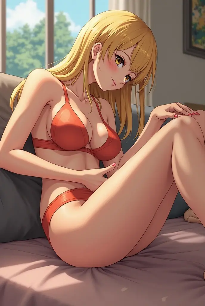 (masterpiece:1.2), best quality, high resolution, unity 8k wallpaper, (illustration:0.8), (beautiful detailed eyes:1.6), extremely detailed face, perfect lighting, extremely detailed CG, (perfect hands, perfect anatomy), ((full body:1.4)) full pose, highres, kitagawa marin, 1girl, blonde hair, long hair, multicolored hair, red eyes, jewelry, necklace, choker, black bikini, floral print, bracelet, side-tie bikini bottom, cowboy shot, indoors, room, sitting on bed, crossed legs, feets, smile face, open mouth.